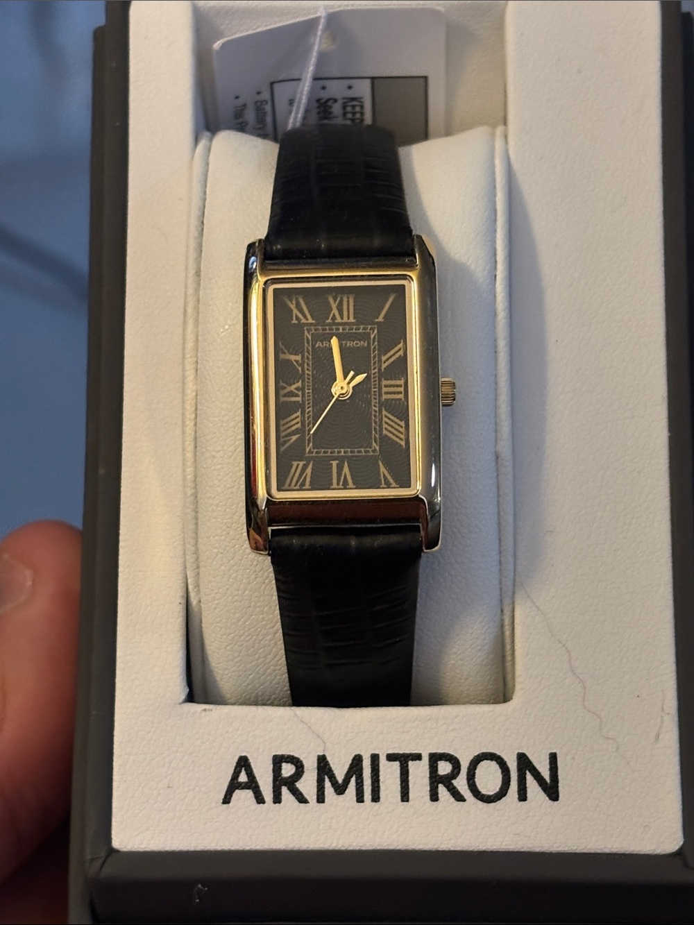 Armitron Gold-Tone Rectangular Watch with Black Dial and Black Strap